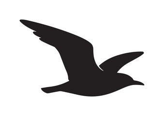 Black Silhouette of Gull Flying Low with Wings Stretched Horizontally and Extended Beak on Minimalist Background

