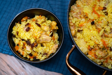 Freshly Cooked Chicken Pilaf Served in Bowl.