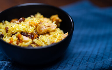 Freshly Cooked Chicken Pilaf Served in Bowl.
