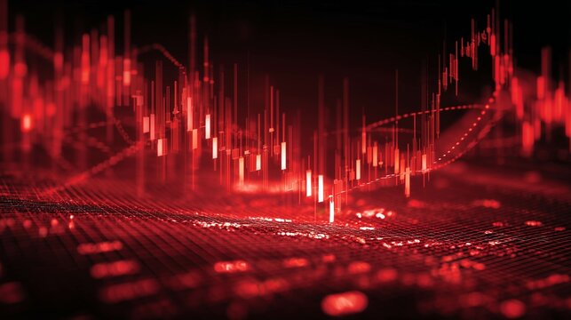 Red digital graph going up and down showing fluctuation and changes on the stock market with blurred background