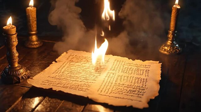 Ancient scroll igniting with candlelight