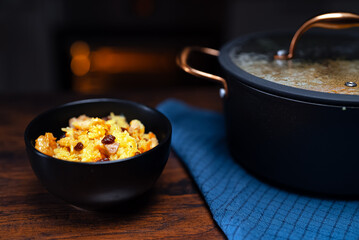 Freshly Cooked Chicken Pilaf Served in Bowl.