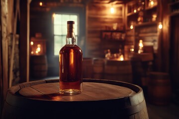 Whiskey bottle on oak barrel with moody lighting