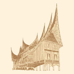 indonesian gadang padang house traditional line art illustration