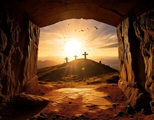 cross with sunset seen from the cave. The Ascension of Jesus Christ