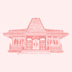 indonesian joglo house traditional line art illustration