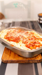 close view of homemade pasta served in a metal platter