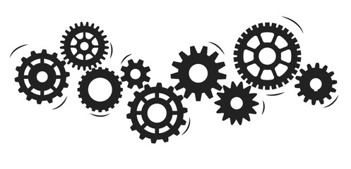 Rotating gears in single coherent mechanism black silhouette on white background. Industrial equipment assemble. Cogwheels connect. Engineering construction. Vector teamwork concept
