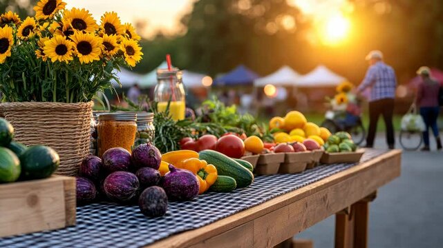 Vibrant sunset illuminates a farmer's market table laden with fresh produce and sunflowers