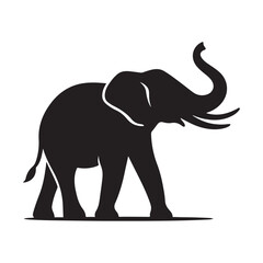 Large Black Elephant Silhouette with Tusks and Raised Trunk on Neutral Background