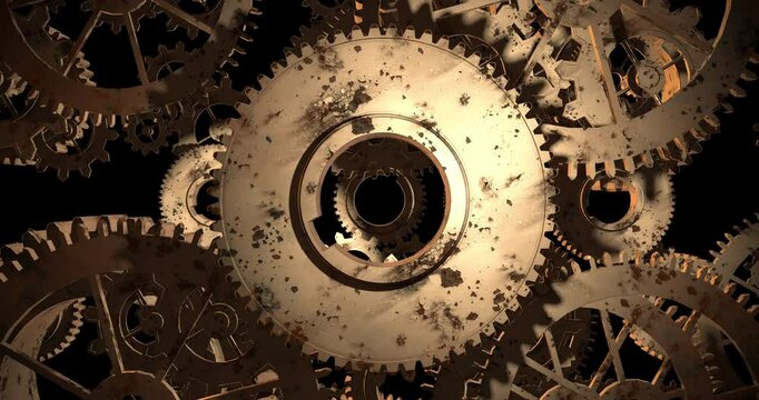 Perfect Loop of Vintage Machine Gears Spinning in Motion. Industry And Teamwork Related 3D Animation.