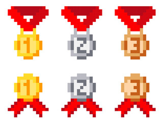 Fototapeta premium Pixel gold silver and bronze medals. Winning awards. 8bit arcade rewards on ribbons. Tournament winner achievement. Best champion. Challenge trophy. Vector pixilated victory badges set