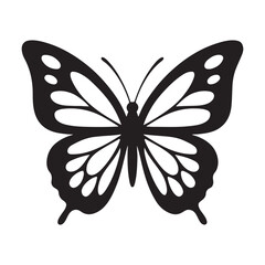 Symmetrical Black Butterfly Silhouette with Detailed Wings on Plain Background