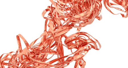 Rose gold metallic ribbons swirl in an abstract design. Perfect for backgrounds, textures, and modern designs.