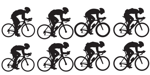 Fototapeta premium Mountain Bike Riders Silhouettes on Mountain Trails, Silhouette of Cyclists in Various Riding Positions, Silhouette Cyclist Collection Various Riding Positions