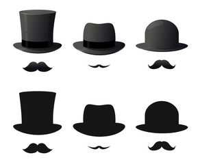Mens hats and mustaches. Gentleman icon. Classic moustache and cylinder cap. Stylish accessory. Face disguise. Old bowler. Detective costume. Male beards. Vector black silhouettes set