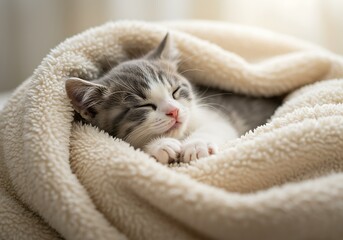 Adorable kitten sleeping comfortably swaddled in a soft warm blanket cozy and peaceful