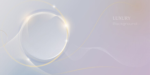 Abstract gold circle, soft neon glow light effect, smooth curve, sparkling line with glitter on light gradient background. Vector element design for luxury business template, banner background