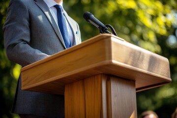 Obraz premium Young politician speaking to crowd at wooden podium
