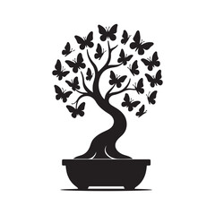 Butterfly Bonsai Tree Silhouette Vector in Pot – Black and White Minimal Design

