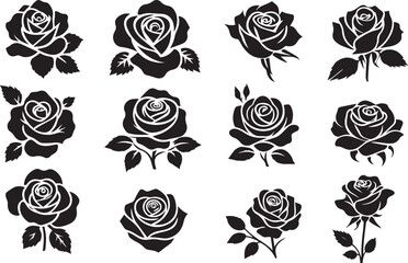 Rose silhouette vector set, elegant set of rose, floral collection, black outline roses, perfect for wedding invitations, greeting cards, print, stickers, logo design black vector 