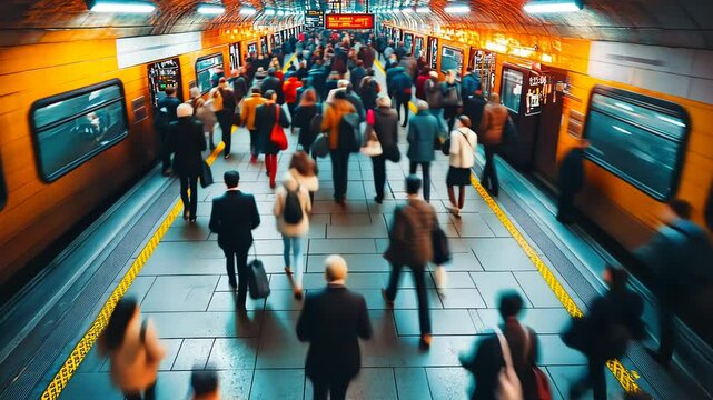 Crowded subway platform with passengers boarding and exiting trains