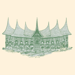 indonesian gadang house traditional line art illustration