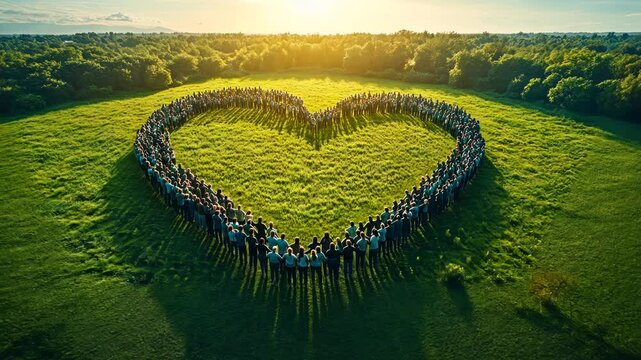 Aerial view of a large group forming a heart shape on a grassy field at sunset
