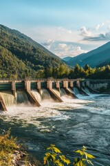 Majestic energy flows through a serene dam nestled among lush mountains by the river at sunset reflecting the beauty of nature