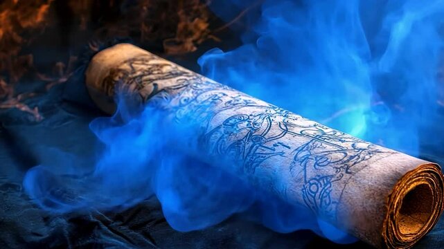 Ancient Scroll Enveloped in Mystic Blue Smoke