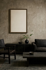 Vertical Poster Mockup in Moody Wabi Sabi Rustic Living Room
