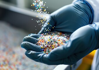 Vibrant colors and textures come alive as hands release colorful microplastic particles