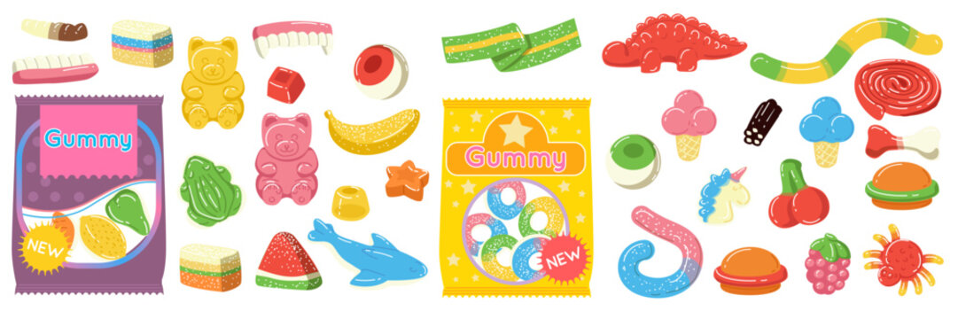 Jelly bear. Gummy candy beans. Cute sweet cartoon worms. Colorful dessert, snacks for kids. Edible sugar gelatin fruits, different flavor in packaging. Fun print for children food. Vector isolated set