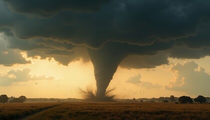 Dramatic Tornado Over Field at Sunset with Storm Clouds