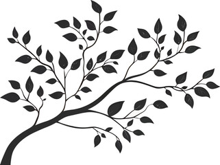 Stylized black tree branch with leaves on a white background.
