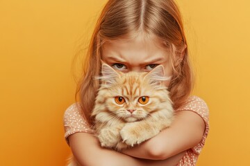 Displeased girl holding kitten in studio portrait