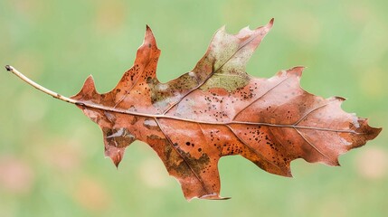 Fototapeta premium Decaying autumn leaf with fungal infection spots and spores, isolated on solid color. Nature cycle, decomposition process, organic matter breakdown, seasonal change concept.