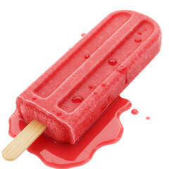 Red popsicle melting on a wooden stick with syrupy drip  