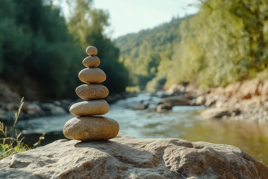 Balanced stones near river with forest blur