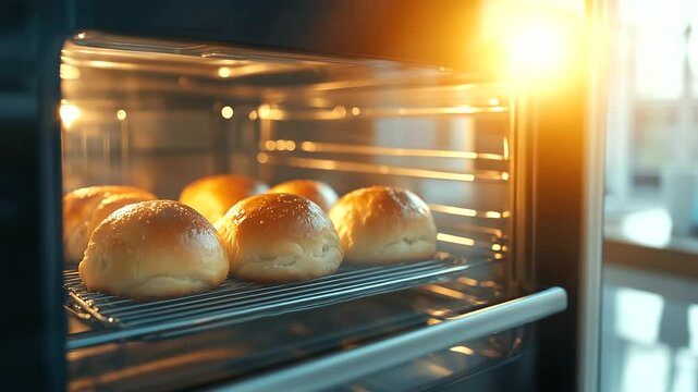 Detailed shot of warm golden buns through the glowing glass of a stainless steel toaster oven, kitchen filled with cozy morning light and the promise of a delicious breakfast