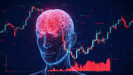 Futuristic digital representation of a human brain with financial data background illustrating analytics - Powered by Adobe