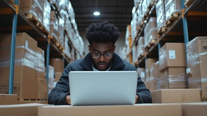 Energetic young entrepreneur working on a laptop at the heart of a warehouse, surrounded by neatly organized boxes, planning logistics for timely delivery in a growing online busin