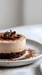 Whole rich chocolate mousse cake on a ceramic plate with minimal background, dessert photography concept
