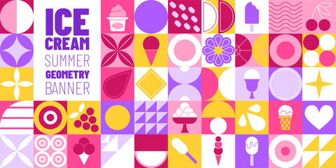 Geometric ice cream pattern. Summer dessert icon. Sweet food. Colorful ornament in abstract banner. Logo gelato on mosaic background. Waffle cone with delicious balls. Vector design garish symbols