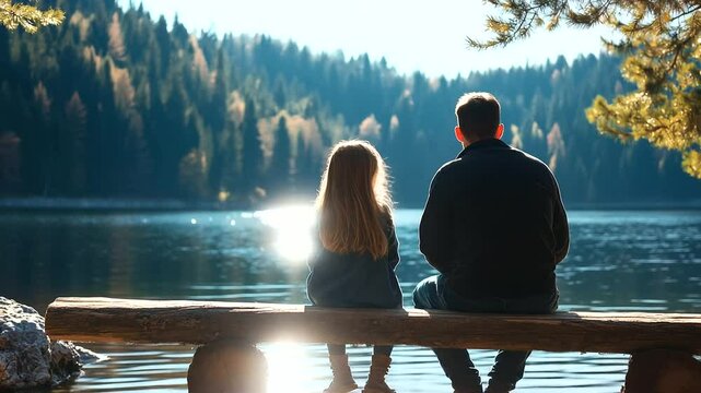Father and daughter sharing a heartfelt talk on a rustic wooden bench by a lake, water shimmering in the afternoon sun