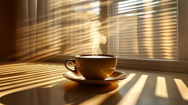 Steam rises from a warm beverage in a cup and saucer, backlit by sunlight streaming through blinds
