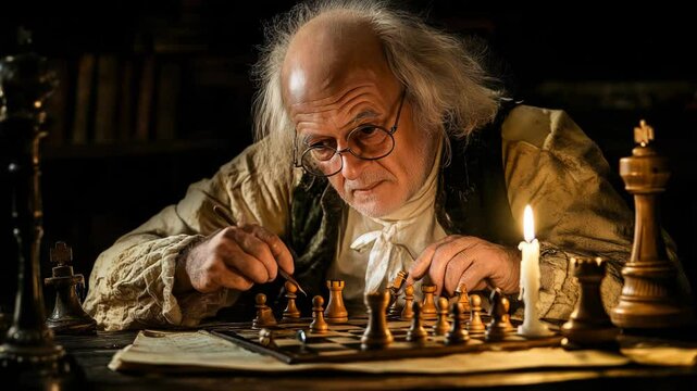 An elderly man engrossed in a chess game, illuminated by candlelight