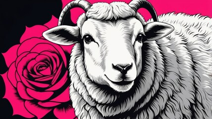 A sheep stands in the foreground with a vibrant rose blooming in the background.