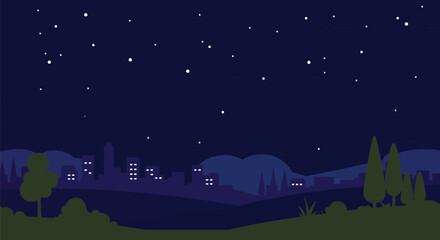 Naklejka premium Flat vector illustration of a peaceful night scene, dark blue sky with stars, minimal city buildings.