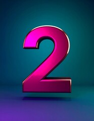 Two 2 Number Fuchsia Metallic Digital Illustration on Teal Background, Isolated Aesthetic 3d Minimalist Smooth Design in Magenta 
